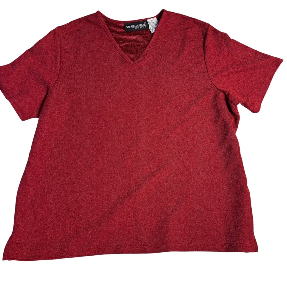 Sag Harbor Woman Burgundy Red Textured Slinky V-Neck Short Sleeve Top 1X F04247